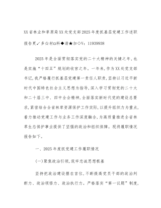 XX省林业和草原局XX处党支部2025年度抓基层党建工作述职报告