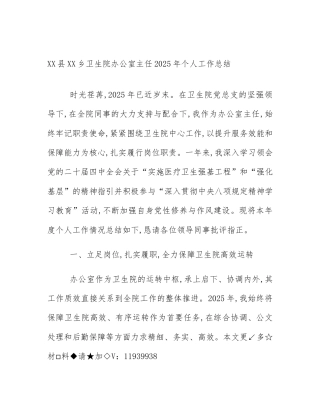 XX县XX乡卫生院办公室主任2025年个人工作总结