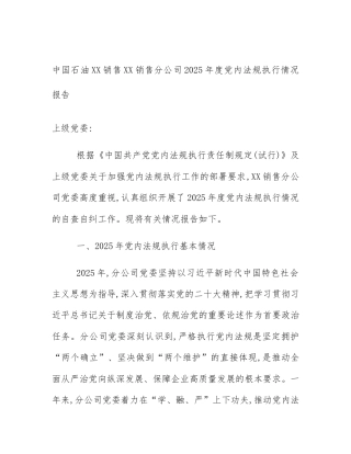 中国石油XX销售XX销售分公司2025年度党内法规执行情况报告