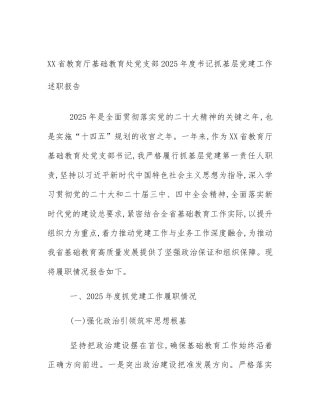 XX省教育厅基础教育处党支部2025年度书记抓基层党建工作述职报告