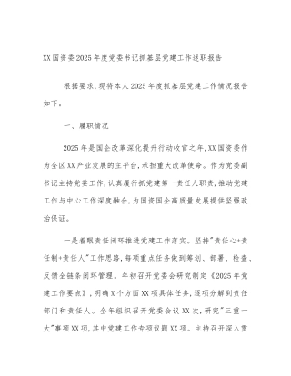 XX国资委2025年度党委书记抓基层党建工作述职报告