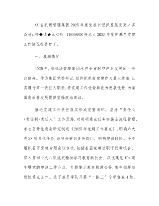 XX省机场管理集团2025年度党委书记抓基层党建工作述职报告