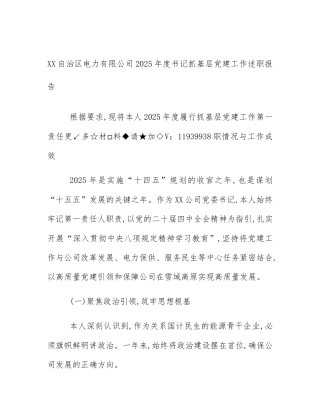 XX自治区电力有限公司2025年度书记抓基层党建工作述职报告