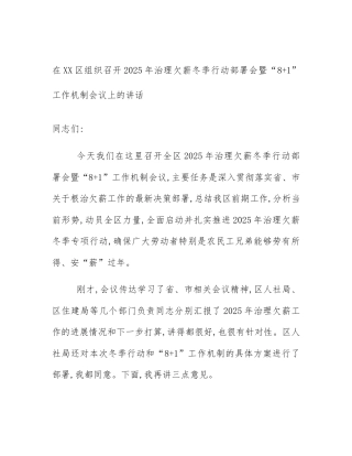 在XX区组织召开2025年治理欠薪冬季行动部署会暨“8+1”工作机制会议上的讲话