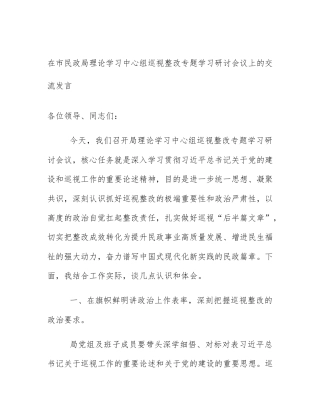 在市民政局理论学习中心组巡视整改专题学习研讨会议上的交流发言