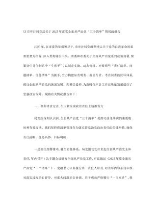 XX市审计局党组关于2025年落实全面从严治党“三个清单”情况的报告