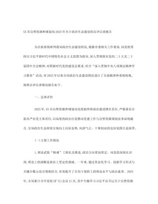 XX市自然资源和规划局2025年关于政治生态建设的自评自查报告