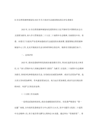 XX市自然资源和规划局2025年关于政治生态建设情况的自评自查报告