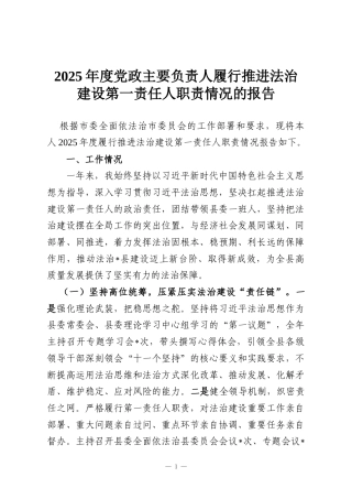 2025年度党政主要负责人履行推进法治建设第一责任人职责情况的报告