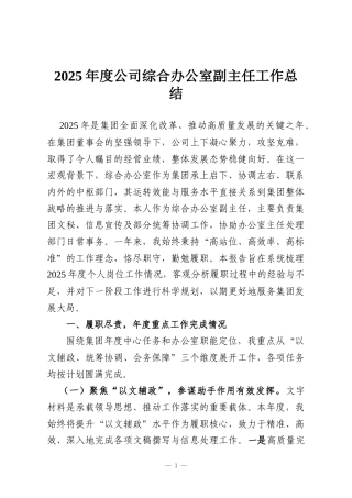 2025年度公司综合办公室副主任工作总结