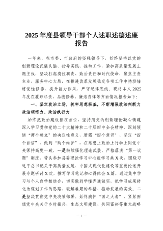2025年度县领导干部个人述职述德述廉报告