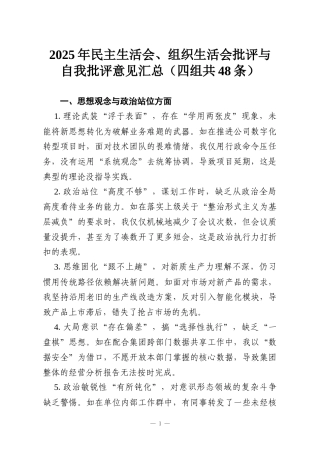 2025年民主生活会、组织生活会批评与自我批评意见汇总（四组共48条）