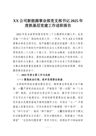 XX公司新能源事业部党支部书记2025年度抓基层党建工作述职报告