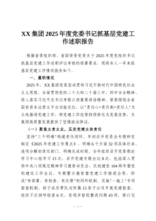 XX集团2025年度党委书记抓基层党建工作述职报告