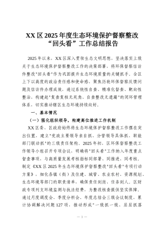 XX区2025年度生态环境保护督察整改“回头看”工作总结报告