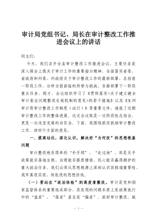 审计局党组书记、局长在审计整改工作推进会议上的讲话