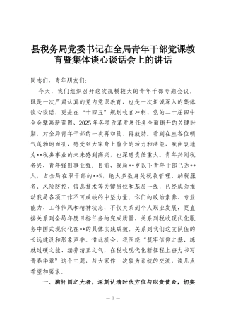 县税务局党委书记在全局青年干部党课教育暨集体谈心谈话会上的讲话​