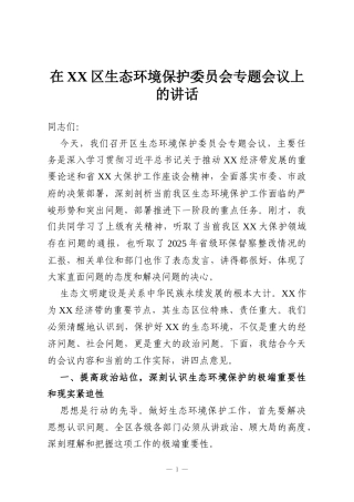 在XX区生态环境保护委员会专题会议上的讲话