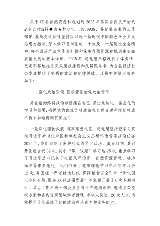 关于XX县自然资源和规划局2025年落实全面从严治党主体责任情况的报告