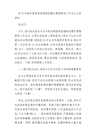 在XX市秸秆禁烧管控暨烟花爆竹禁燃禁放工作会议上的讲话