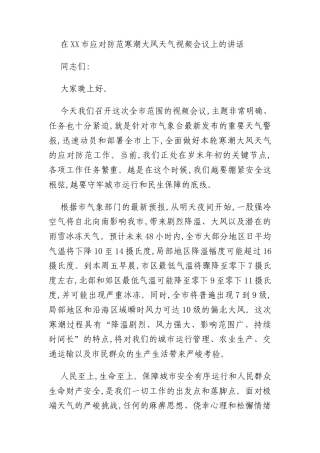在XX市应对防范寒潮大风天气视频会议上的讲话