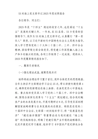 XX村海上党支部书记2025年度述职报告