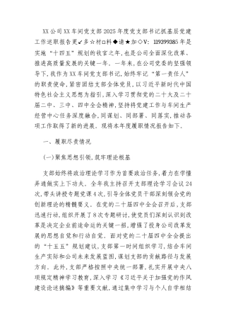 XX公司XX车间党支部2025年度党支部书记抓基层党建工作述职报告