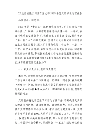 XX股份有限公司第X党支部2025年度支部书记述职报告