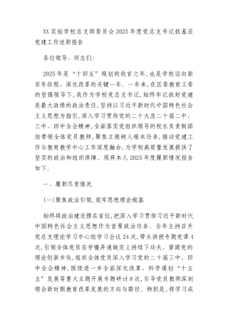 XX实验学校总支部委员会2025年度党总支书记抓基层党建工作述职报告