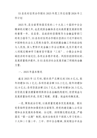 XX县农村信用合作联社2025年度工作总结暨2026年工作计划
