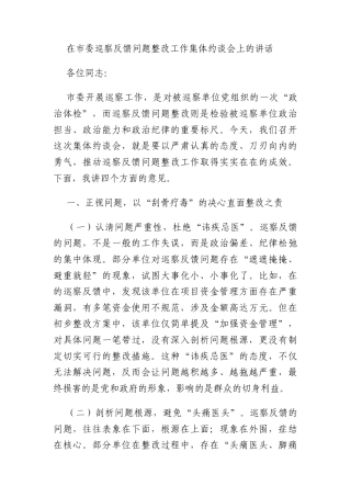 在市委巡察反馈问题整改工作集体约谈会上的讲话