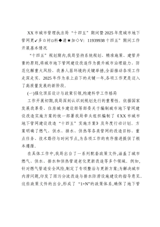 XX市城市管理执法局“十四五”期间暨2025年度城市地下管网建设改造工作情况报告