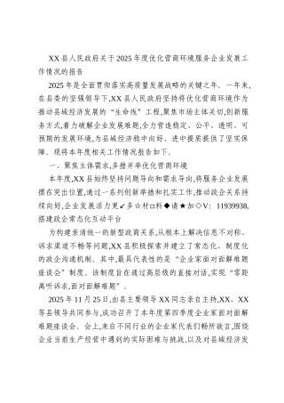 XX县人民政府关于2025年度优化营商环境服务企业发展工作情况的报告
