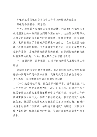 乡镇党工委书记在全县信访工作会上的检讨表态发言