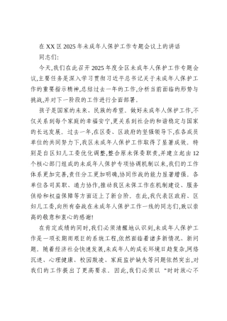 在XX区2025年未成年人保护工作专题会议上的讲话