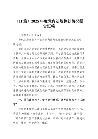 （11篇）2025年度党内法规执行情况报告汇编