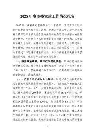 2025年度市委党建工作情况报告