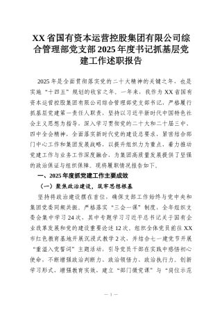 XX省国有资本运营控股集团有限公司综合管理部党支部2025年度书记抓基层党建工作述职报告