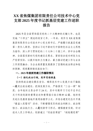 XX省焦煤集团有限责任公司技术中心党支部2025年度书记抓基层党建工作述职报告