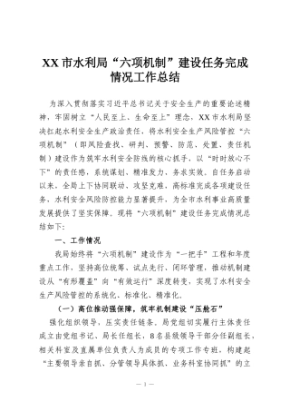 XX市水利局“六项机制”建设任务完成情况工作总结