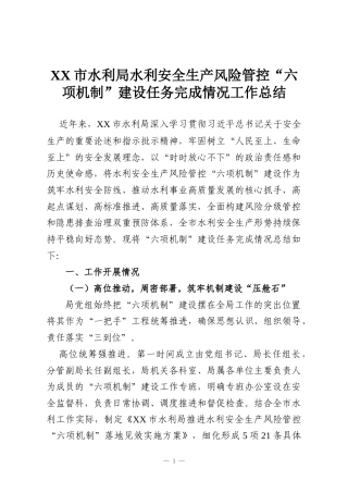 XX市水利局水利安全生产风险管控“六项机制”建设任务完成情况工作总结