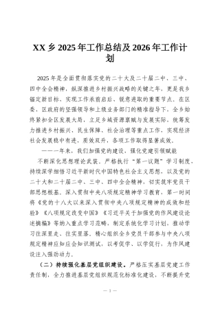 XX乡2025年工作总结及2026年工作计划