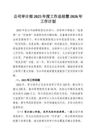 公司审计部2025年度工作总结暨2026年工作计划