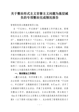 关于整治形式主义官僚主义问题为基层减负的专项整治完成情况报告