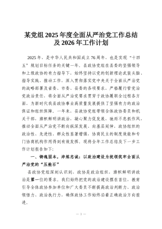 某党组2025年度全面从严治党工作总结及2026年工作计划