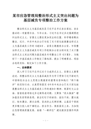 某市应急管理局整治形式主义突出问题为基层减负专项整治工作方案