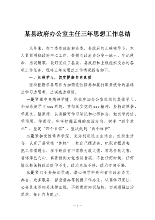 某县政府办公室主任三年思想工作总结