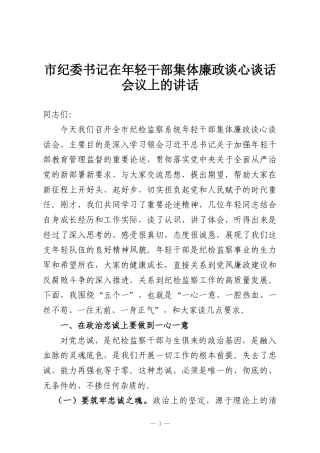 市纪委书记在年轻干部集体廉政谈心谈话会议上的讲话