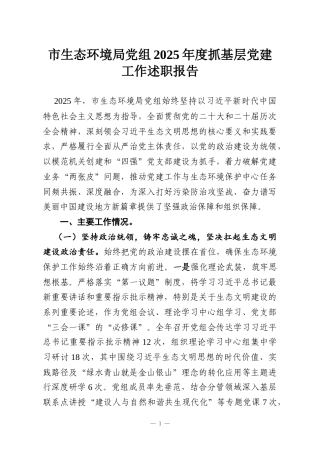 市生态环境局党组2025年度抓基层党建工作述职报告