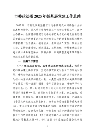 市委政法委2025年抓基层党建工作总结